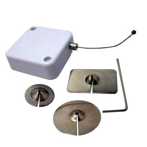 White ABS Security Retractable Steel Cable Pull Reel Box With Ball Stopper And Sticker