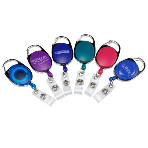 Promotional Carabiner Badge Pull Reel Solid Color Oval Shape With Custom Logo Printing